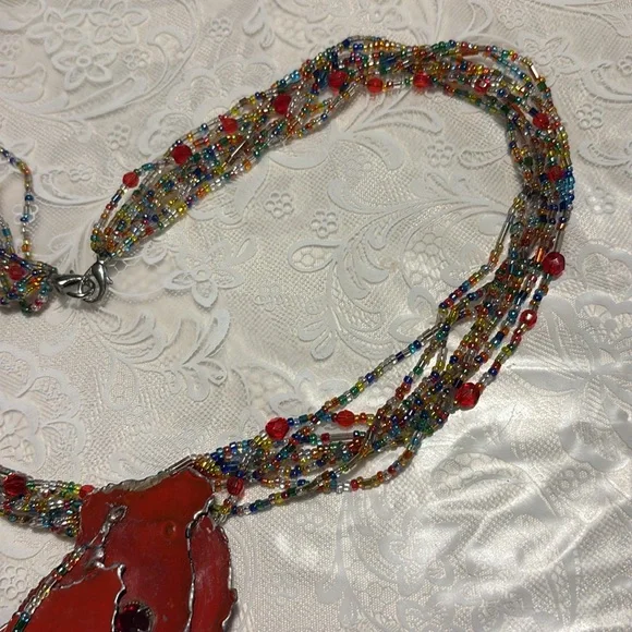 Handcrafted used multicolor Beaded Necklace w/lg. red metal hang dec. 8 strands - Picture 8 of 10